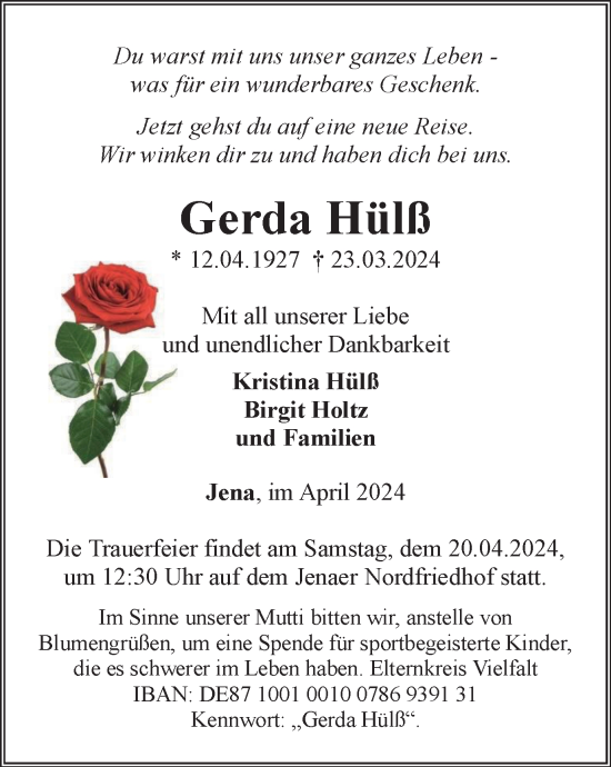Traueranzeige von Gerda Hülß von Ostthüringer Zeitung, Thüringische Landeszeitung