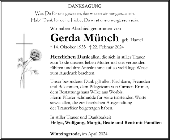 Traueranzeige von Gerda Münch von Thüringer Allgemeine