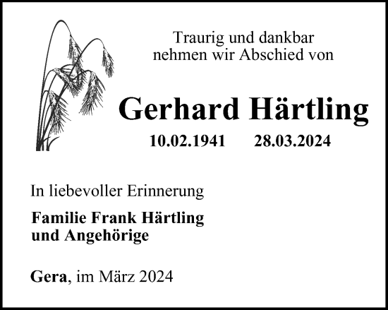 Traueranzeige von Gerhard Härtling von Thüringer Allgemeine
