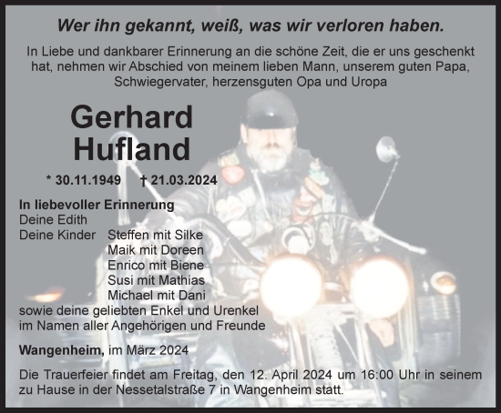 Traueranzeige von Gerhard Hufland von Thüringer Allgemeine, Thüringische Landeszeitung