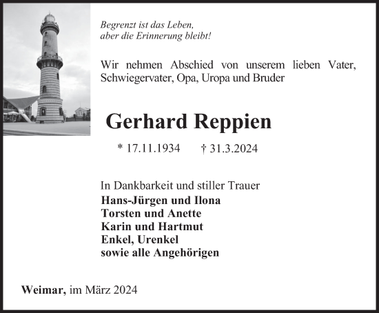 Traueranzeige von Gerhard Reppien von Thüringer Allgemeine, Thüringische Landeszeitung