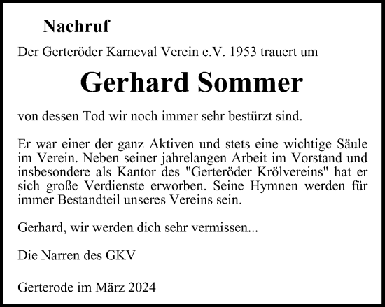 Traueranzeige von Gerhard Sommer von Thüringer Allgemeine