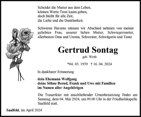 Traueranzeige von Gertrud Sontag von Ostthüringer Zeitung