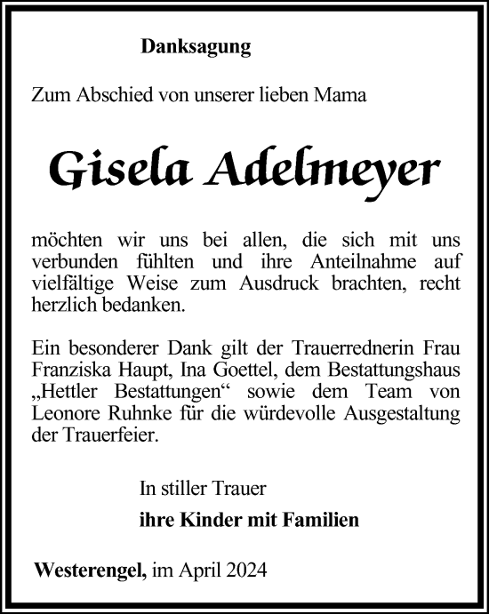 Traueranzeige von Gisela Adelmeyer von Thüringer Allgemeine