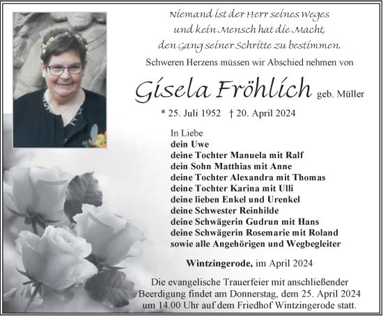 Traueranzeige von Gisela Fröhlich von Thüringer Allgemeine