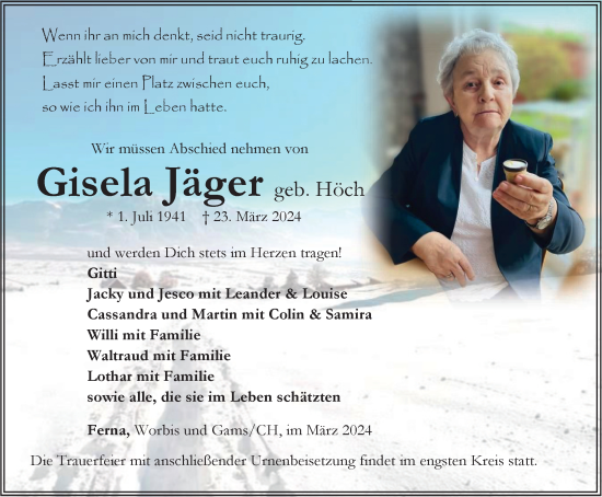 Traueranzeige von Gisela Jäger von Thüringer Allgemeine