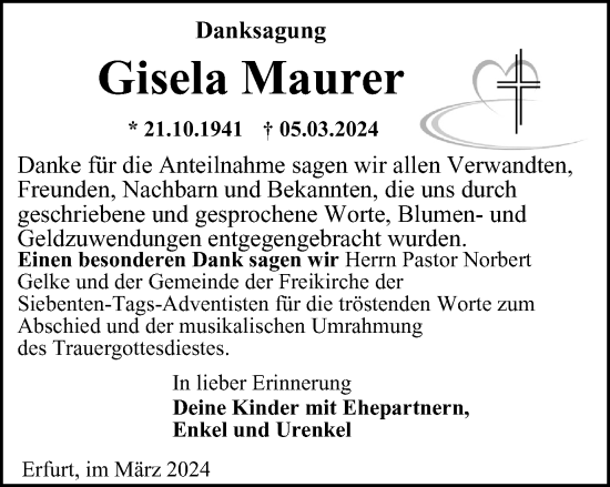 Traueranzeige von Gisela Maurer von Thüringer Allgemeine, Thüringische Landeszeitung