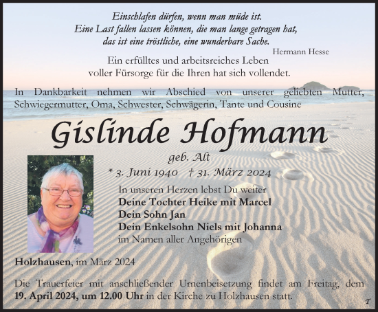 Traueranzeige von Gislinde Hofmann von Thüringer Allgemeine