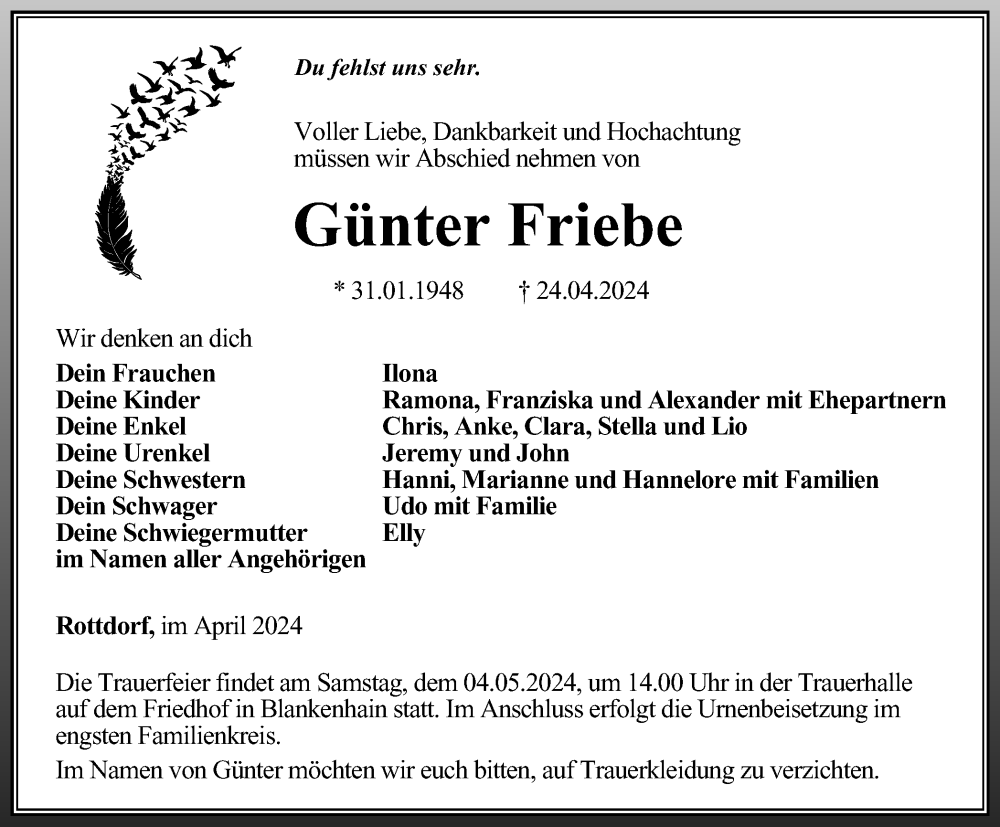  Traueranzeige für Günter Friebe vom 27.04.2024 aus Thüringer Allgemeine, Thüringische Landeszeitung