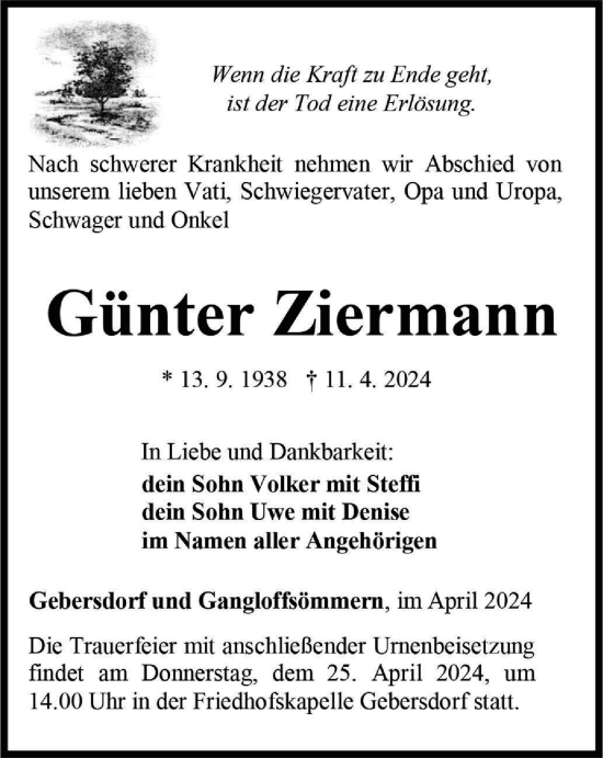 Traueranzeige von Günter Ziermann von Ostthüringer Zeitung