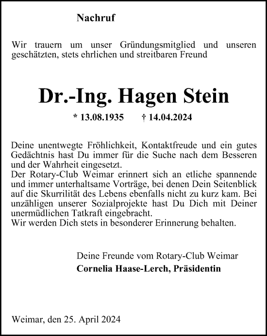 Traueranzeige von Hagen Stein von Ostthüringer Zeitung, Thüringische Landeszeitung