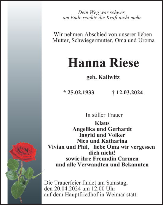 Traueranzeige von Hanna Riese von Thüringer Allgemeine, Thüringische Landeszeitung