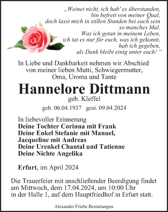 Traueranzeige von Hannelore Dittmann von Thüringer Allgemeine, Thüringische Landeszeitung