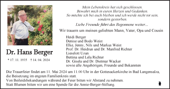 Traueranzeige von Hans Berger von Thüringer Allgemeine, Thüringische Landeszeitung