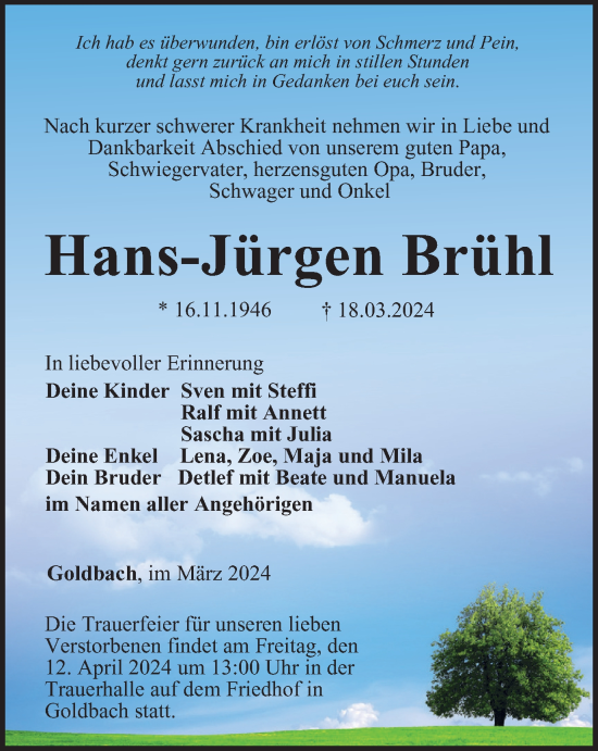 Traueranzeige von Hans-Jürgen Brühl von Thüringer Allgemeine, Thüringische Landeszeitung