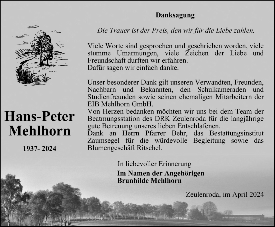 Traueranzeige von Hans-Peter Mehlhorn von Ostthüringer Zeitung