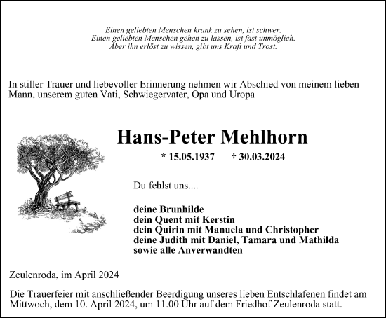 Traueranzeige von Hans-Peter Mehlhorn von Ostthüringer Zeitung