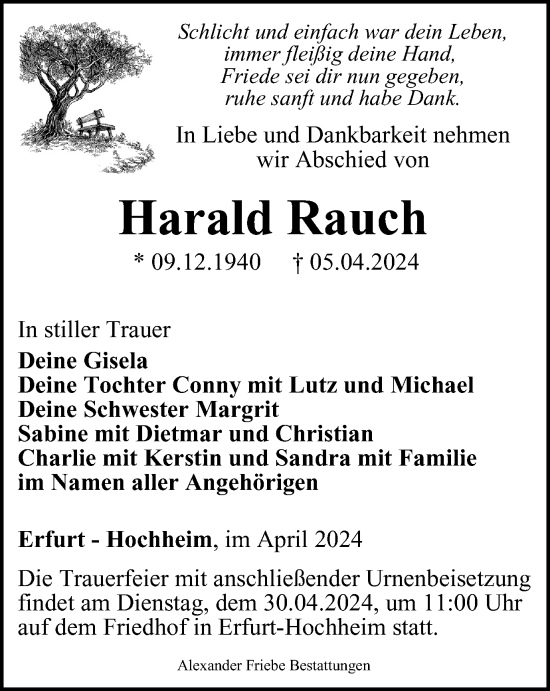 Traueranzeige von Harald Rauch von Thüringer Allgemeine, Thüringische Landeszeitung