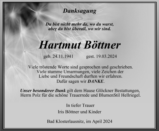 Traueranzeige von Hartmut Böttner von Ostthüringer Zeitung