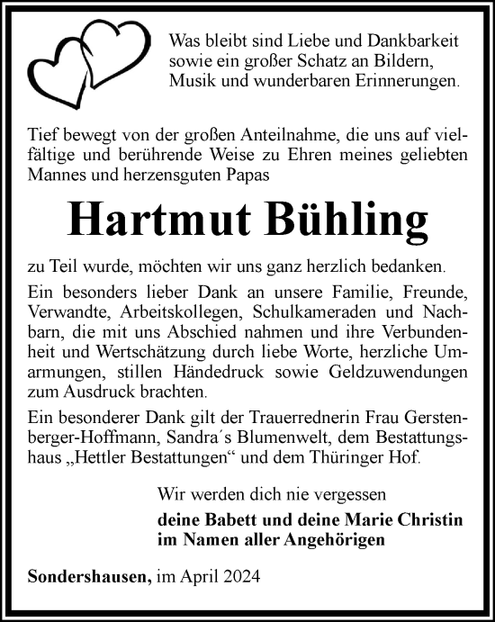 Traueranzeige von Hartmut Bühling von Thüringer Allgemeine