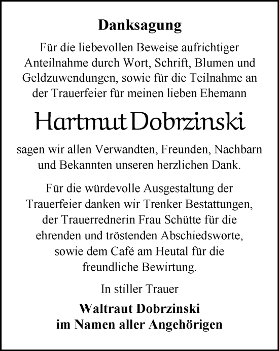 Traueranzeige von Hartmut Dobrzinski von Thüringer Allgemeine, Thüringische Landeszeitung