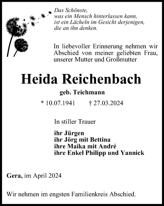 Traueranzeige von Heida Reichenbach von Ostthüringer Zeitung