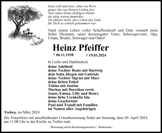 Traueranzeige von Heinz Pfeiffer von Thüringer Allgemeine