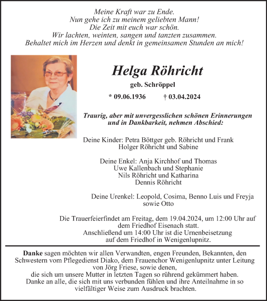 Traueranzeige von Helga Röhricht von Thüringer Allgemeine, Thüringische Landeszeitung