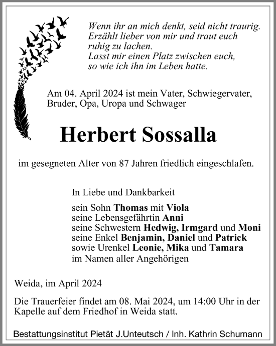 Traueranzeige von Herbert Sossalla von Ostthüringer Zeitung