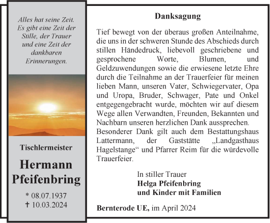 Traueranzeige von Hermann Pfeifenbring von Thüringer Allgemeine