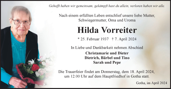 Traueranzeige von Hilda Vorreiter von Thüringer Allgemeine, Thüringische Landeszeitung