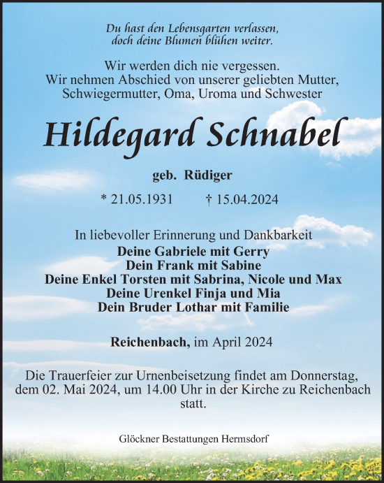 Traueranzeige von Hildegard Schnabel von Ostthüringer Zeitung