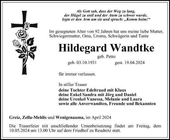 Traueranzeige von Hildegard Wandtke von Ostthüringer Zeitung