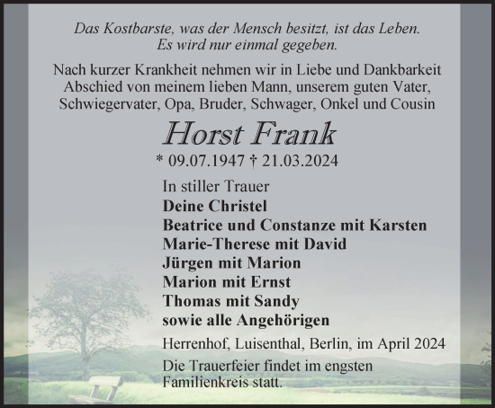 Traueranzeige von Horst Frank von Thüringer Allgemeine, Thüringische Landeszeitung
