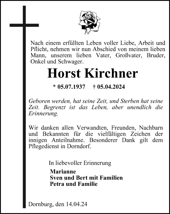 Traueranzeige von Horst Kirchner von Ostthüringer Zeitung, Thüringische Landeszeitung