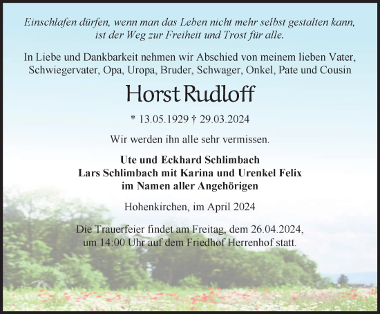 Traueranzeige von Horst Rudloff von Thüringer Allgemeine, Thüringische Landeszeitung