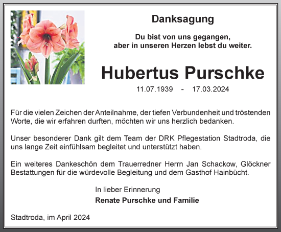 Traueranzeige von Hubertus Purschke von Ostthüringer Zeitung