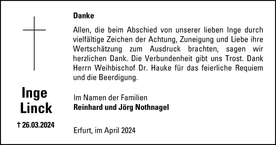 Traueranzeige von Inge Linck von Thüringer Allgemeine, Thüringische Landeszeitung