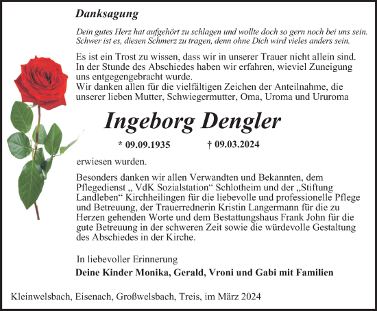 Traueranzeige von Ingeborg Dengler von Thüringer Allgemeine, Thüringische Landeszeitung