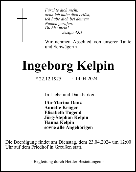 Traueranzeige von Ingeborg Kelpin von Thüringer Allgemeine, Thüringische Landeszeitung