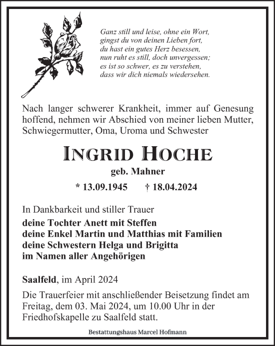Traueranzeige von Ingrid Hoche von Ostthüringer Zeitung