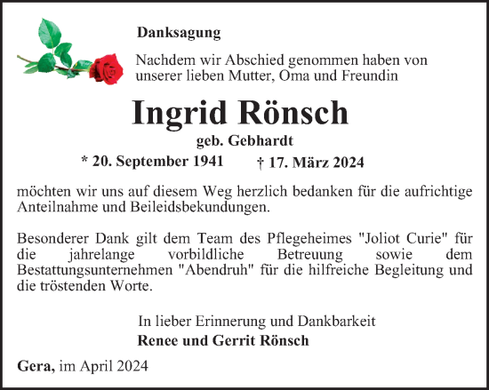 Traueranzeige von Ingrid Rönsch von Ostthüringer Zeitung