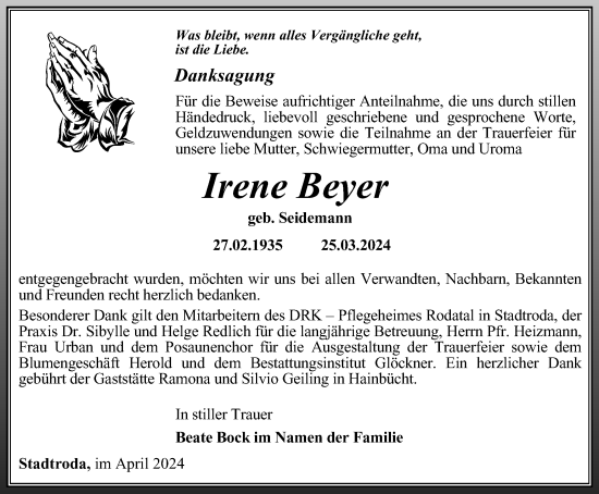 Traueranzeige von Irene Beyer von Ostthüringer Zeitung