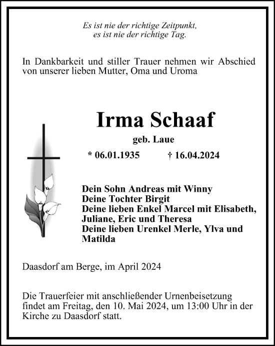 Traueranzeige von Irma Schaaf von Thüringer Allgemeine, Thüringische Landeszeitung