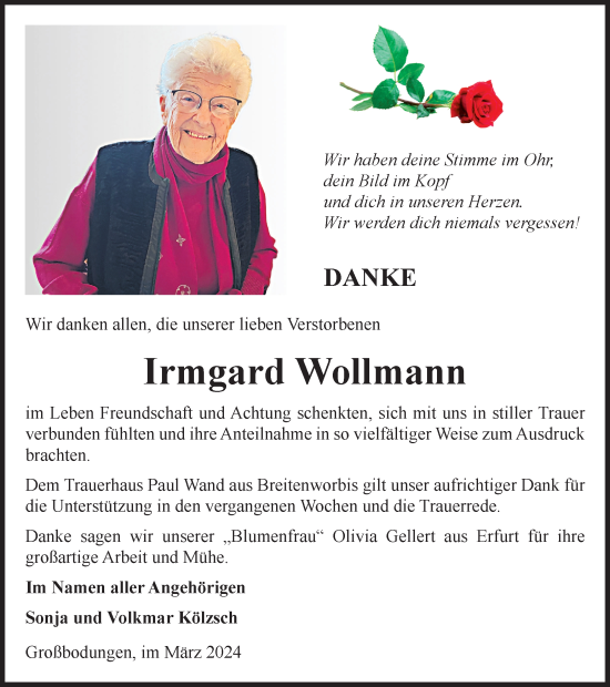 Traueranzeige von Irmgard Wollmann von Thüringer Allgemeine