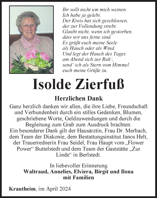 Traueranzeige von Isolde Zierfuß von Thüringer Allgemeine, Thüringische Landeszeitung