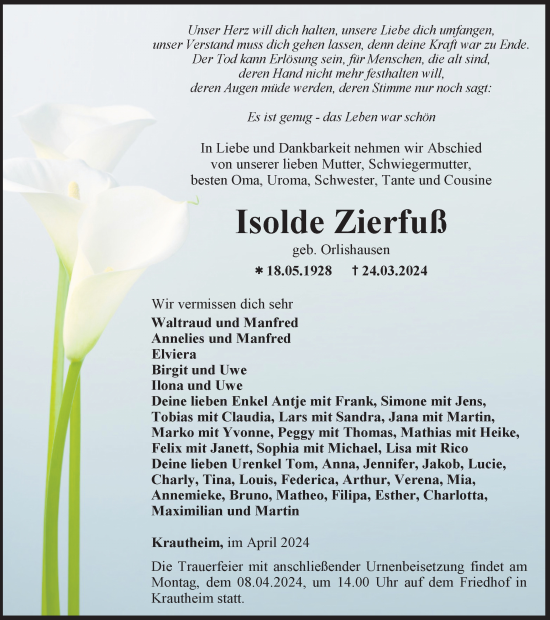 Traueranzeige von Isolde Zierfuß von Thüringer Allgemeine, Thüringische Landeszeitung