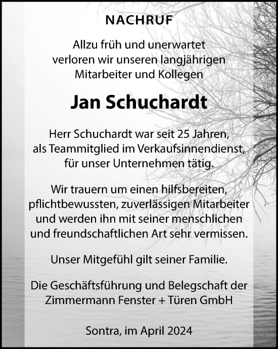 Traueranzeige von Jan Schuchardt von Thüringer Allgemeine, Thüringische Landeszeitung
