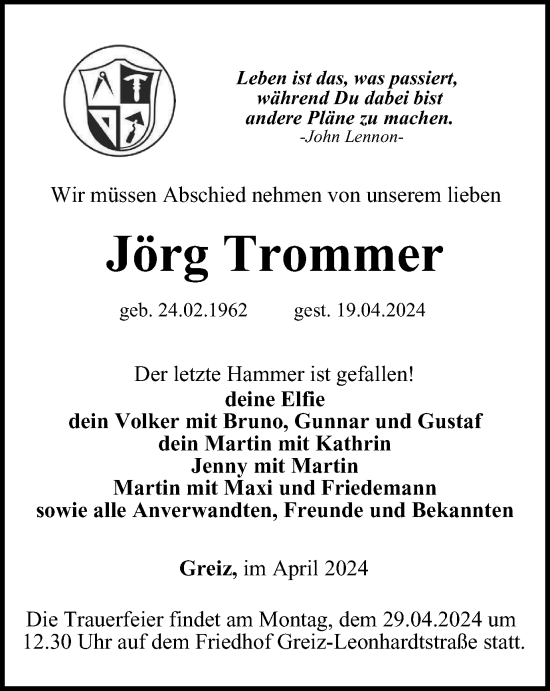 Traueranzeige von Jörg Trommer von Ostthüringer Zeitung