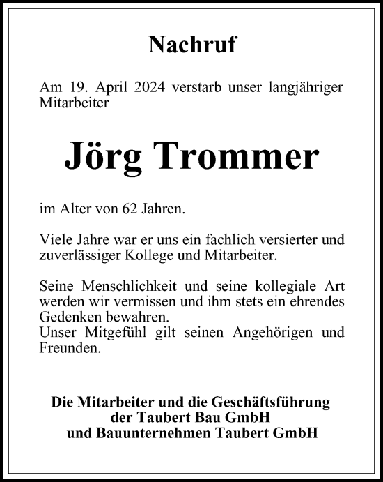 Traueranzeige von Jörg Trommer von Ostthüringer Zeitung